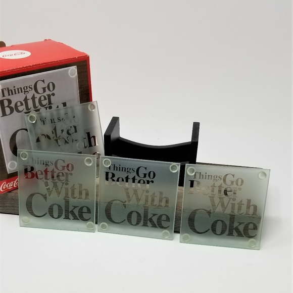 Coke Cola Glass Coaster set  with holder - Picture 5 of 8